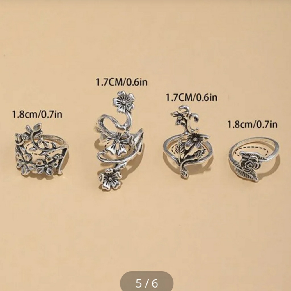 Flower Ring Set Silver Tone 4 Rings - Picture 4 of 11